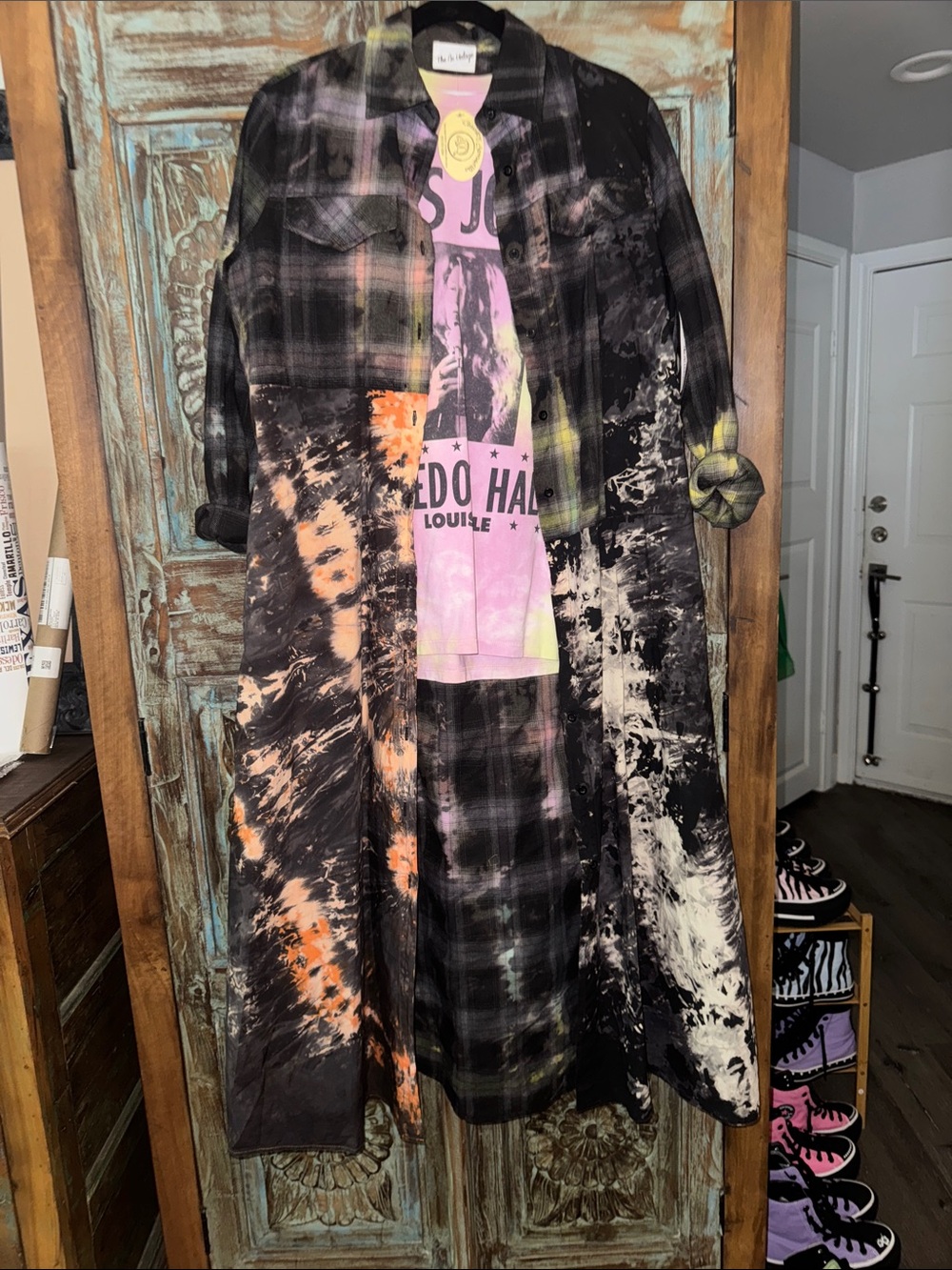 The Nu Vintage Tie-Dye Plaid Long Duster in multicolor, black purple orange